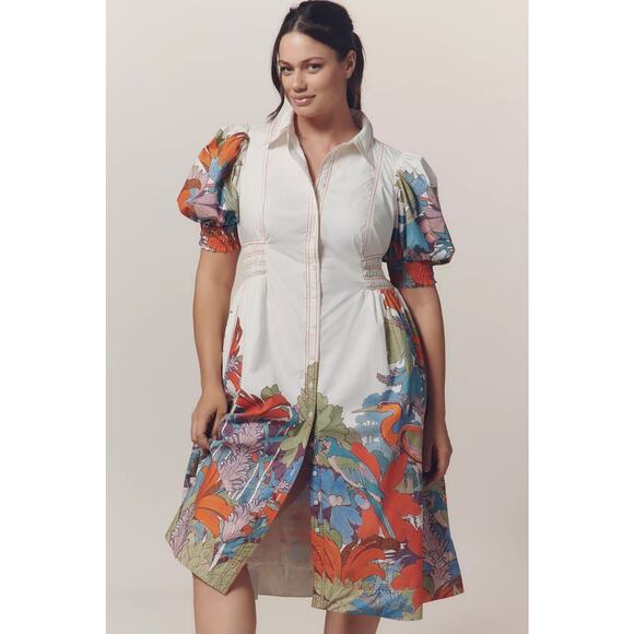 nwt ANTHROPOLOGIE MAEVE sz 3X Puff Sleeve Smocked Shirt Dress - Picture 1 of 4